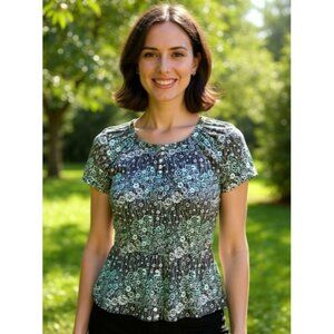 Izod Womens Floral Smocked Blouse M Multicolor Short Sleeve Button-Front Lightwe